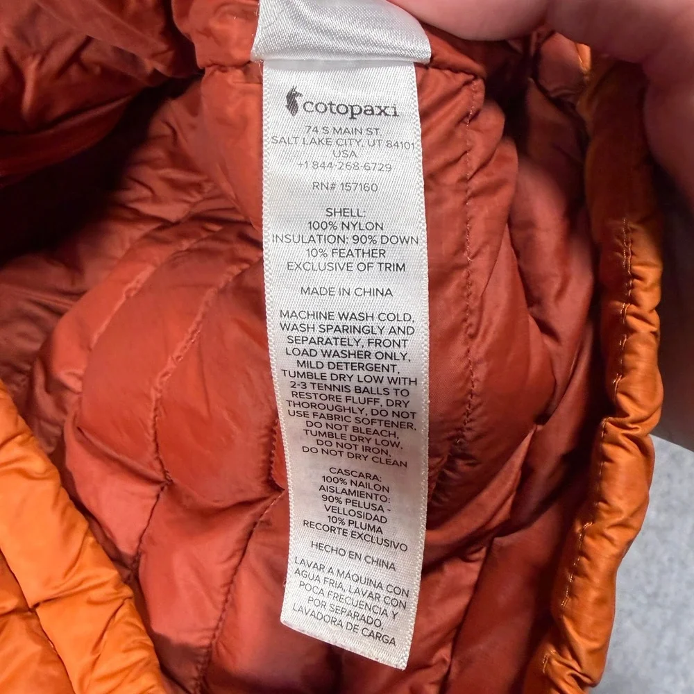 Cotopaxi Fuego Hooded Down Jacket Men Large Blue Orange Yellow Puffer Coat